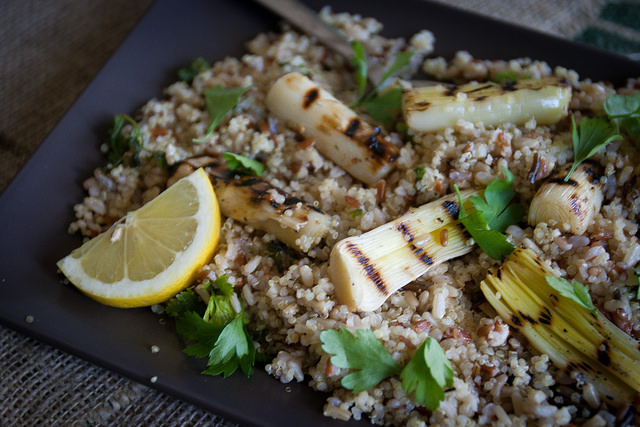 Grilled Leeks with Vinaigrette, Served on Quinoa and wild Rice